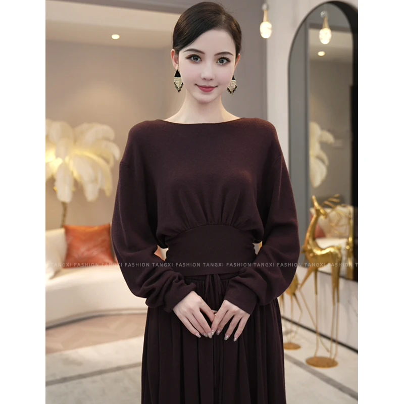 现货2024秋季新款【5879】含绵羊毛针织衫套头咖色打底衫毛衣cx