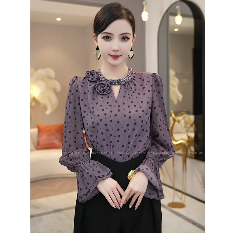 现货2025早秋新款【5723】气质减龄时尚气质紫色缎面长袖衬衫上衣女