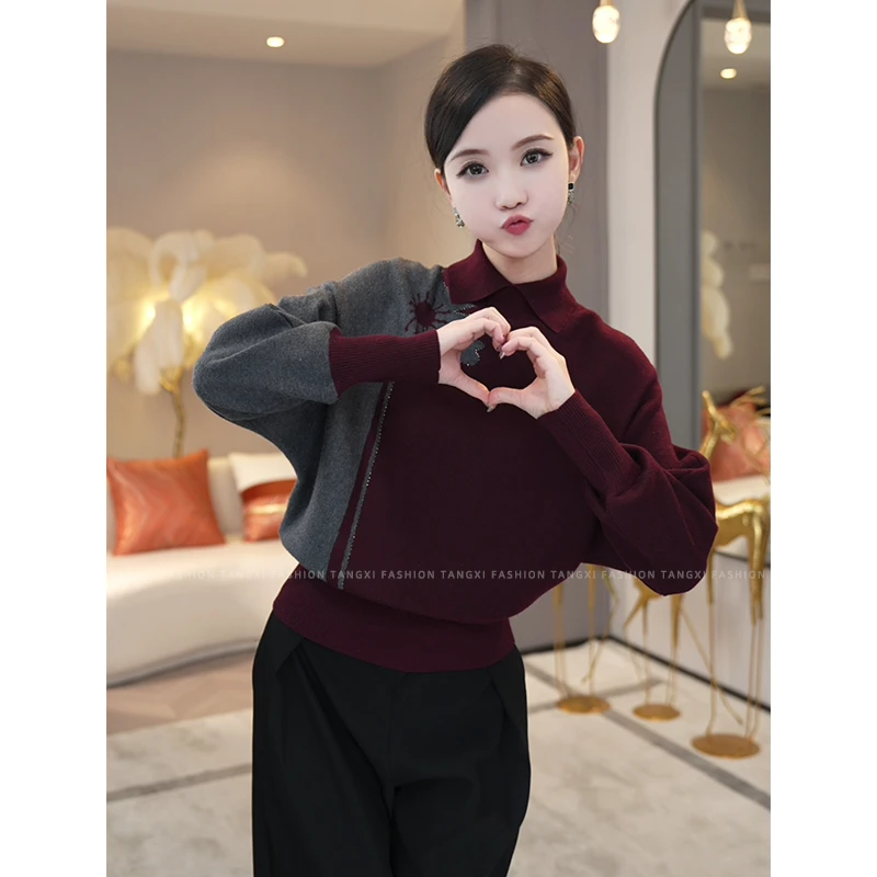 现货2025秋冬新款【ZM24-D703】含绵羊毛气质灰红拼色拼接针织毛衣