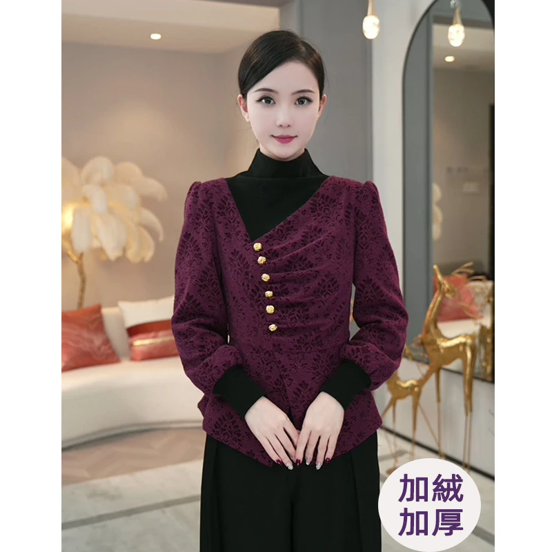 唐熹预售2024秋冬新款【H-D260】加绒加厚气质蕾丝时尚植绒衬衫上衣