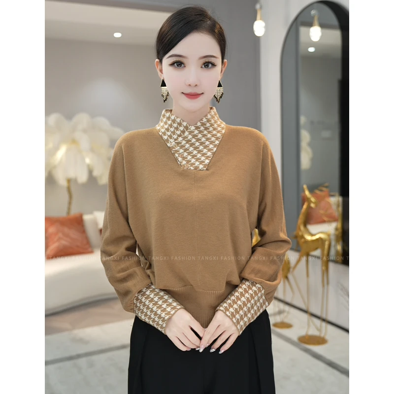 现货2025秋冬新款【TX-38】含绵羊毛时尚拼接卡其色套头针织衫毛衣