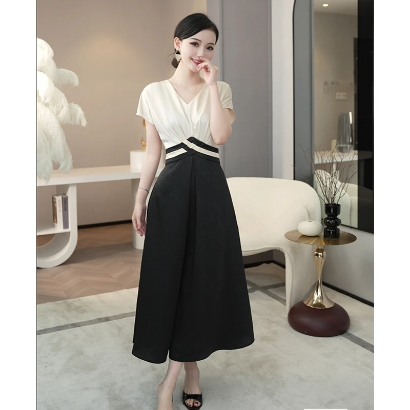 唐熹黛安周年福利 【ZM24-X570】潮流大气捏褶拼色V领显瘦连衣裙子