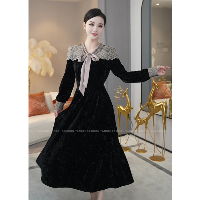 唐熹2025年秋冬季新款【X24-Q307】气质拼接黑色丝绒外穿内搭连衣裙