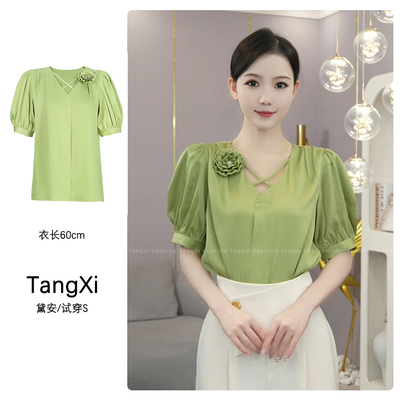 现货2025夏季新款【4092-1】高级时尚清新显白缎面小众设计衬衫上衣