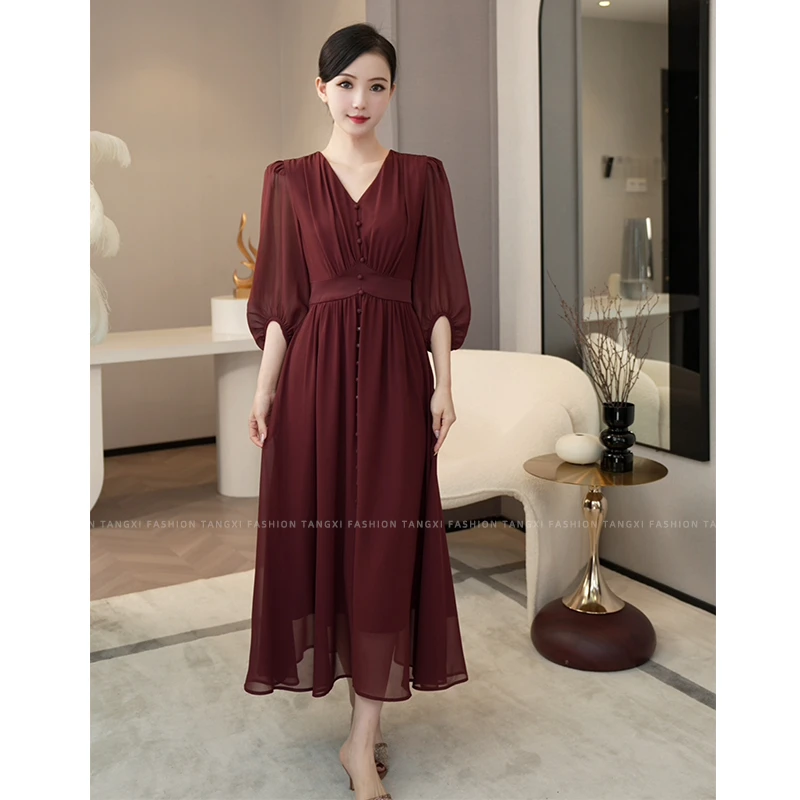唐熹现货2025夏季新款【X24-X71】气质高级感小众v领酒红色连衣裙子
