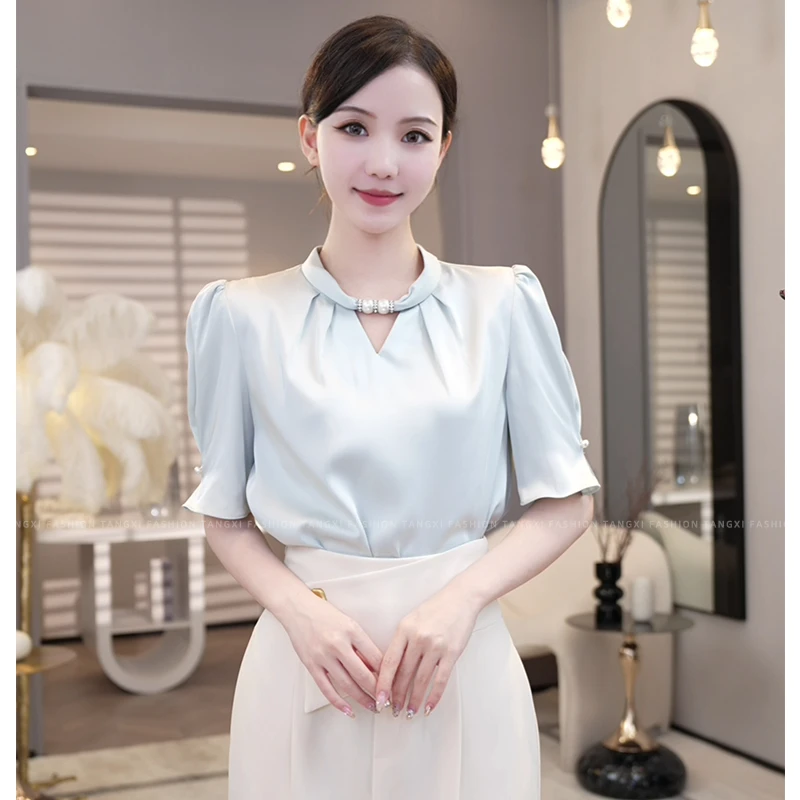 2025夏新款【4460-1】气质小众洋气缎面天青色时尚百搭设计上衣