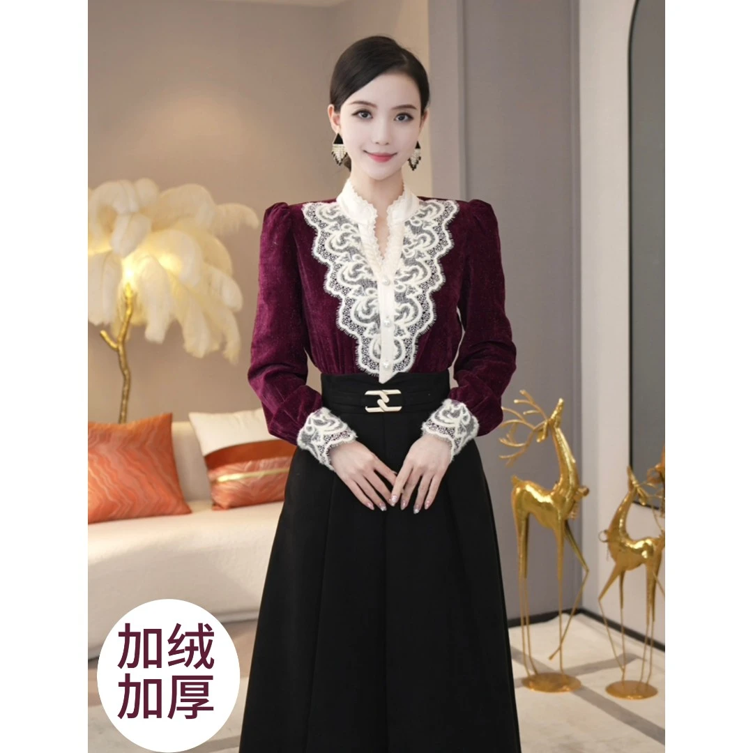 现货2025秋冬新款【ZM-D736】加绒加厚烫钻设计感红色丝绒衬衫上衣