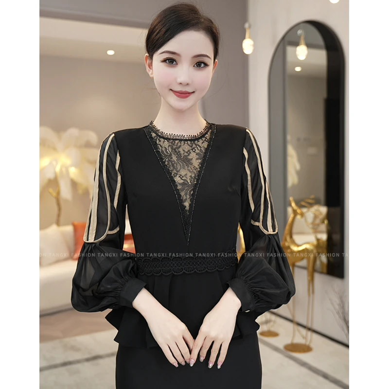 现货2026年早春秋新款【5782】长袖法式时尚洋气黑色衬衫上衣女