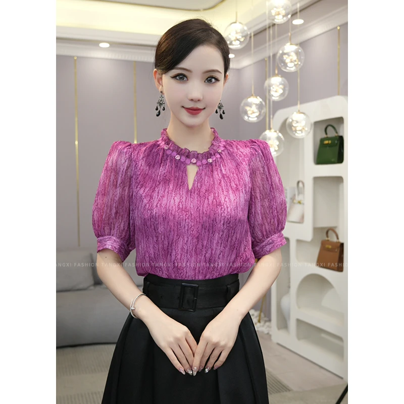 现货2025夏季新款【LT24-C211-1】气质高级感晕染紫红色洋气上衣女