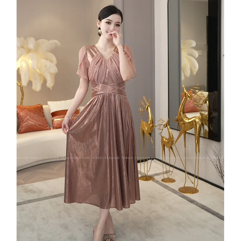 现货2025夏季新款【LT24-X462】气质V领优雅香槟粉中长礼服连衣裙子