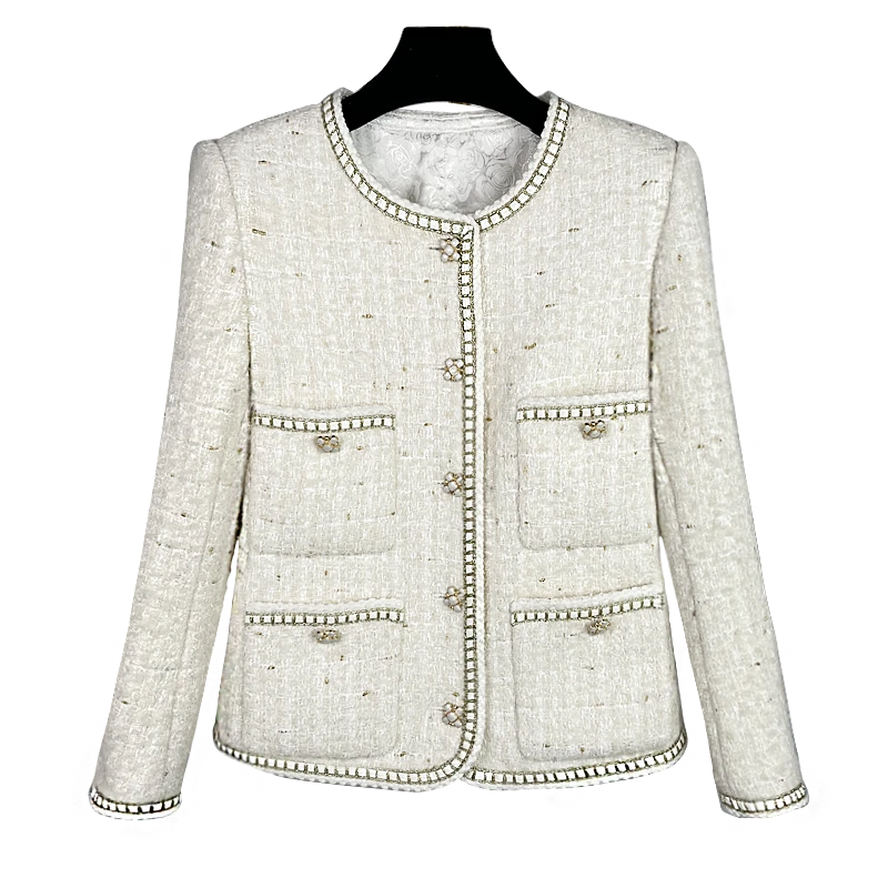 现货2024春季新款【DS-2308388】高级小香风气质白色粗花呢短外套女