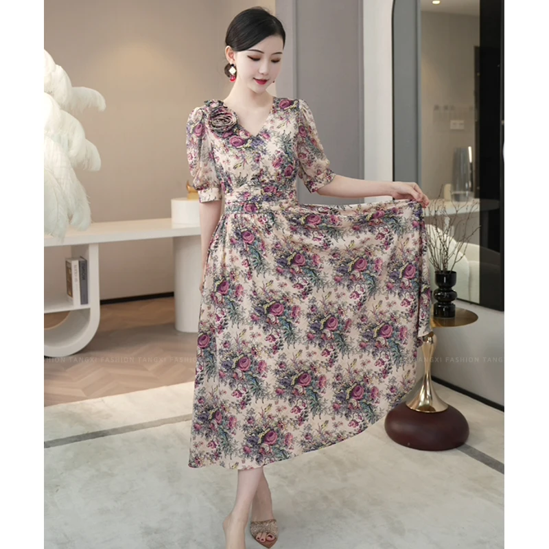 唐熹黛安周年福利2025夏季【4901】法式高级气质碎花v领收腰连衣裙