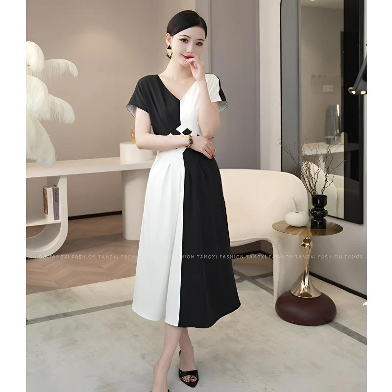 唐熹黛安周年福利新款【5175-1】轻奢气质高级设计感拼色连衣裙子