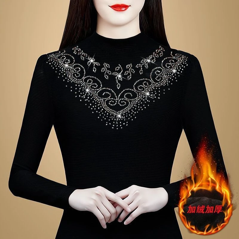 加绒烫钻蕾丝打底衫长袖冬季妈妈装时尚洋气百搭加厚保暖内搭小衫