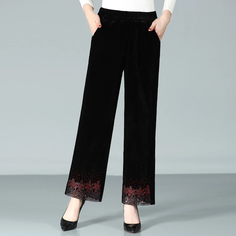 23年春秋新品中老年妈妈女装金丝绒高腰大码宽松紧腰阔腿休闲裤子