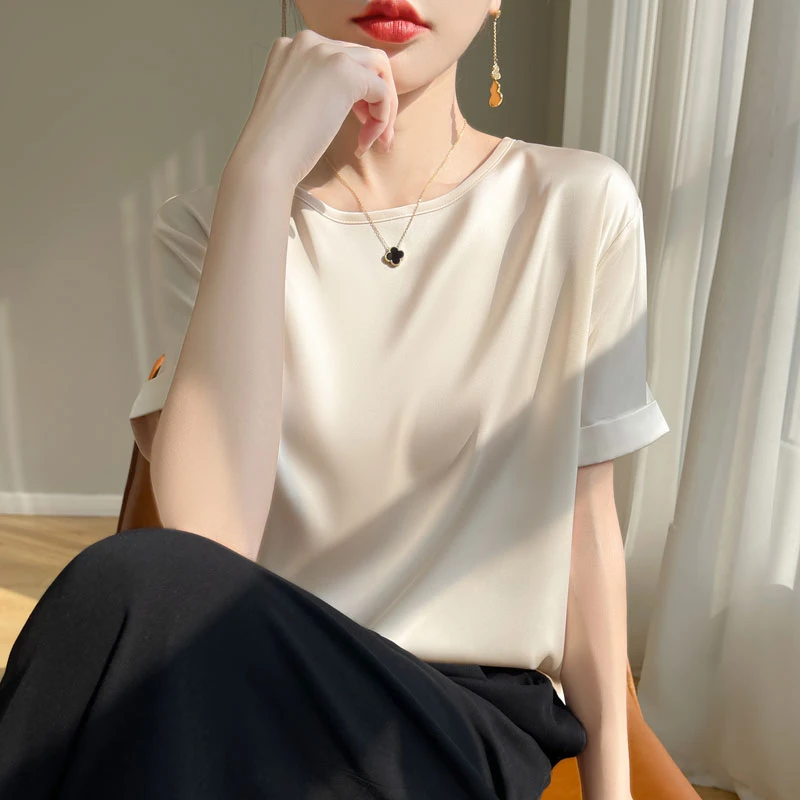 女士夏季缎面T恤衫显瘦短袖打底衫时尚气质百搭半袖纯色圆领大码