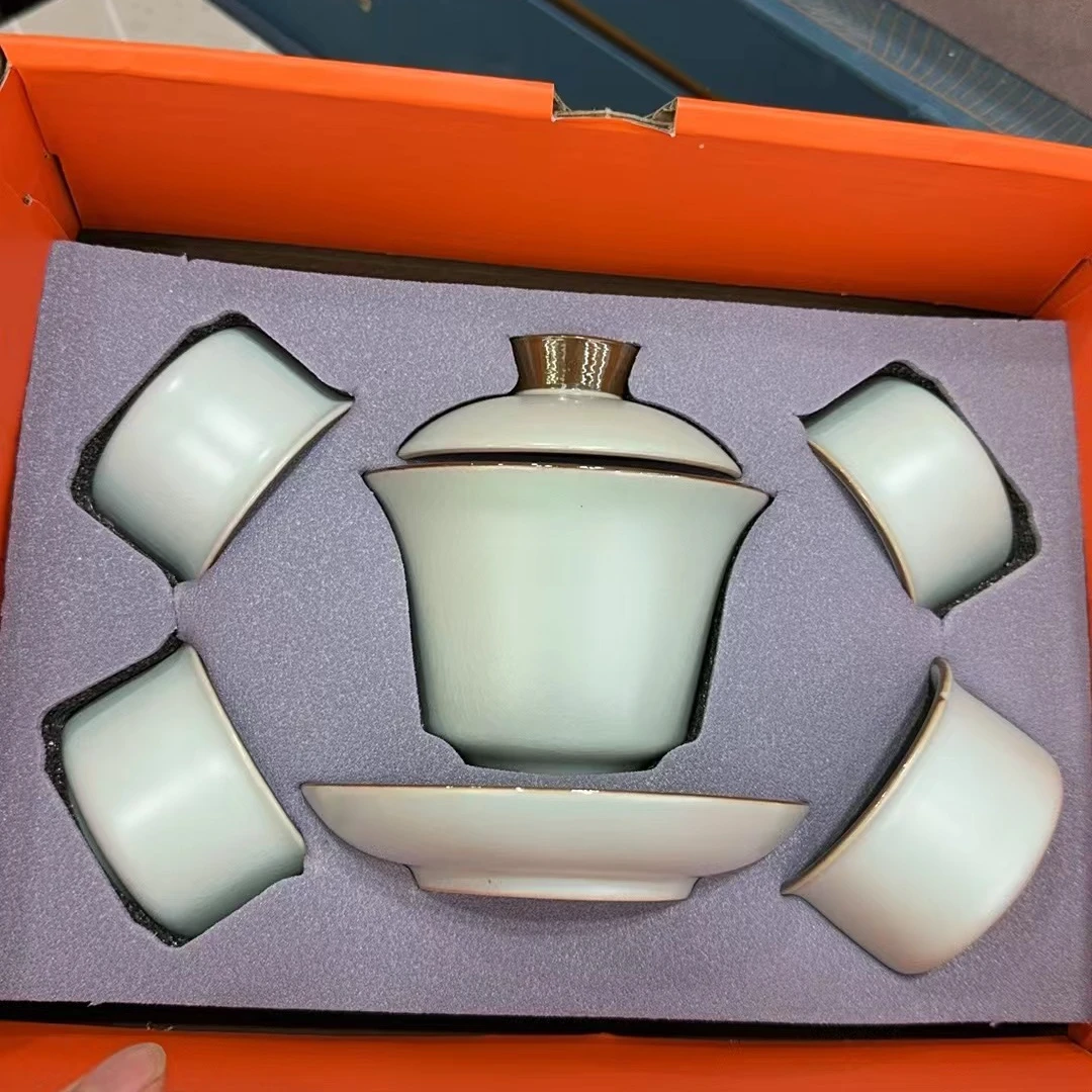 天青汝窑 杉水情盖碗加四杯套装