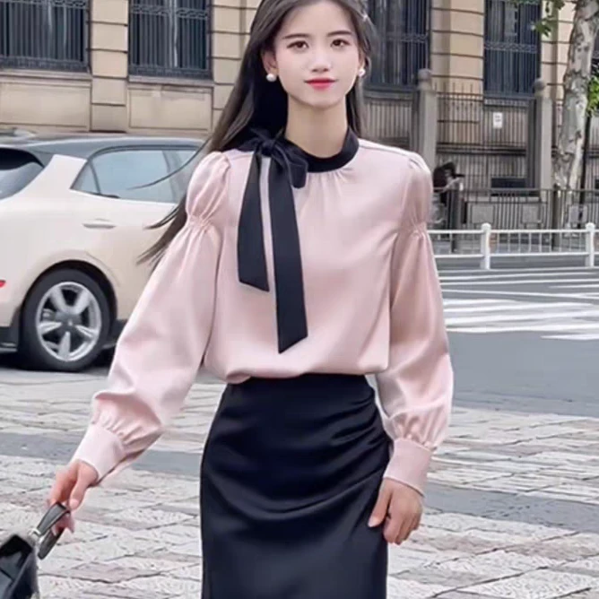 拉夏贝尔25现货清仓轻熟撞色百搭气质上衣+半身裙 9608 JQC