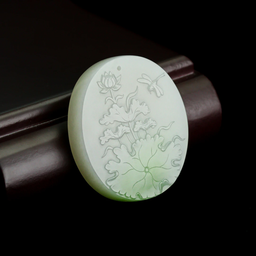 和田玉翠青玉精雕荷花青莲吊坠手工雕刻仿古国风双面