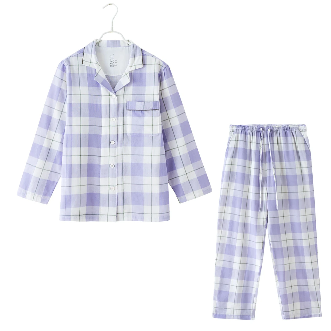 家居服女秋冬格纹长袖纯棉春秋时尚全棉女士