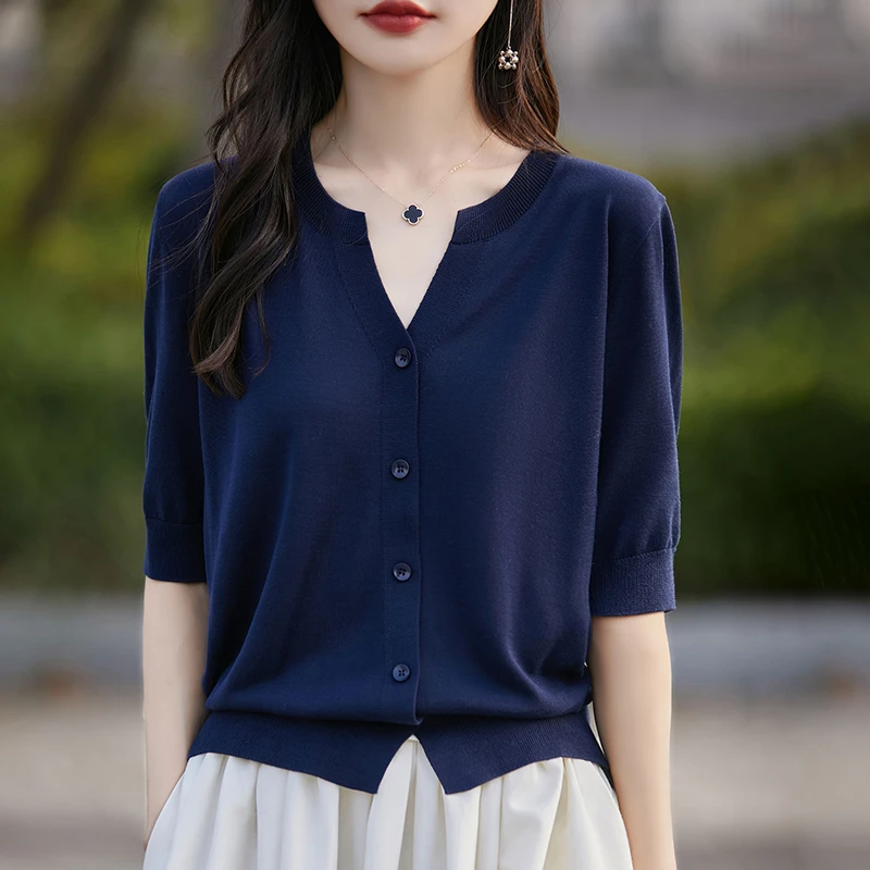 凉爽透气夏薄款莱赛尔天丝V领五分袖短袖针织衫夏季外搭开衫薄款