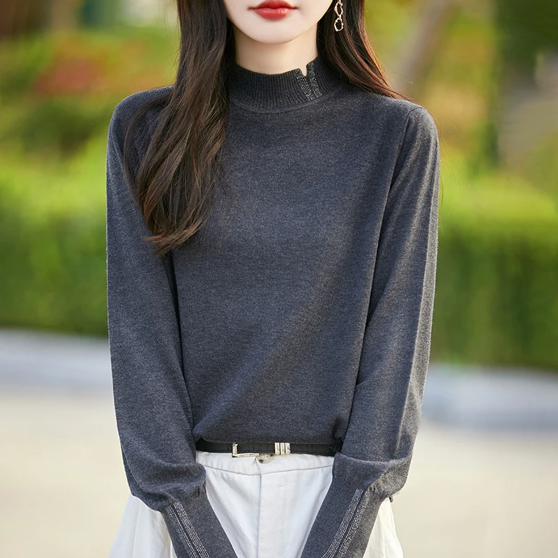 洋气烫钻半高圆领针织打底衫女2025秋冬长袖毛衣外穿显瘦上衣宽松