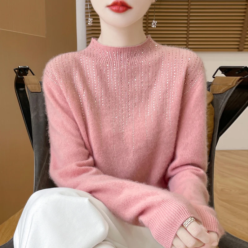 一线成衣镶钻100%纯羊毛衫女半高领百搭毛衣宽松显瘦气质内搭上衣