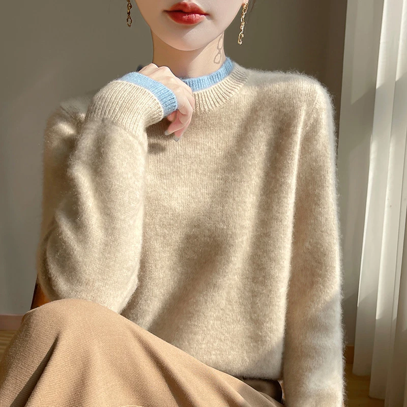 100%纯羊毛衫假两件拼接毛衣女秋冬保暖舒适软糯羊绒针织打底上衣