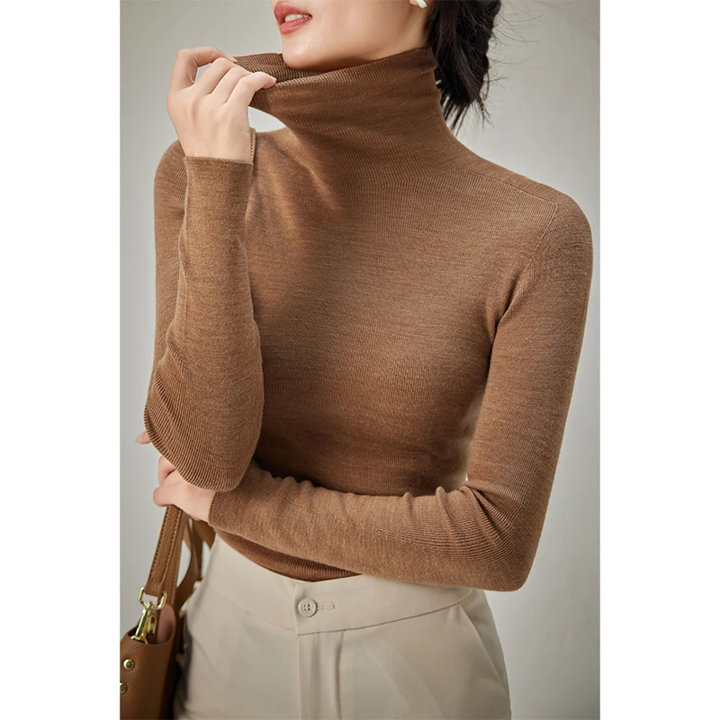 无缝一体精纺羊毛衫高领女秋冬针织内搭100%羊毛衫薄款毛衣打底衫