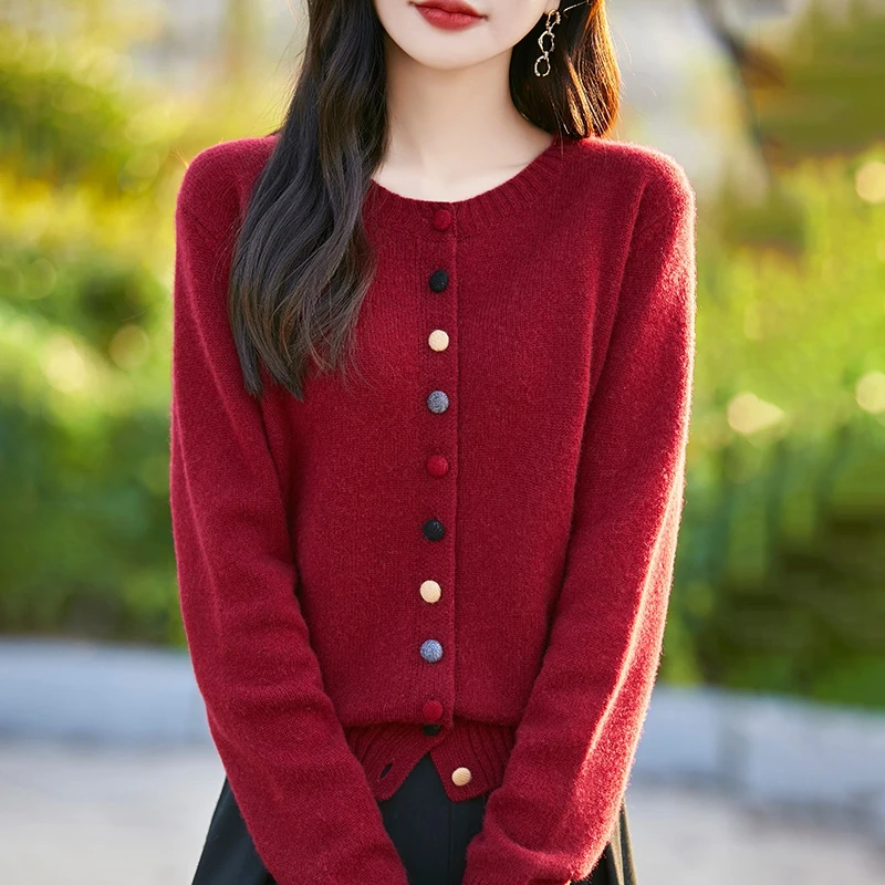 100%纯羊毛开衫女圆领彩色纽扣针织外套秋冬毛衣时尚宽松外搭上衣