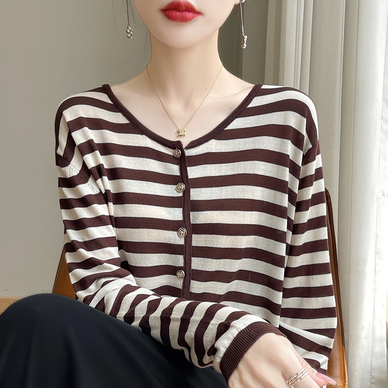 舒适质感圆领条纹开衫女外搭2024新款宽松显瘦针织衫夏季薄款外套