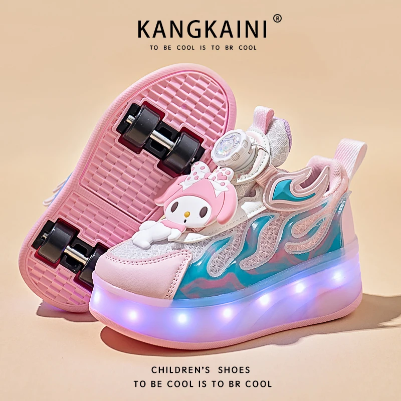 美乐蒂女童四轮暴走鞋儿童可走路轮滑鞋女孩充电发光鞋轮子爆走鞋