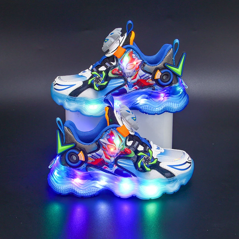 2024秋季旋转纽扣男童鞋儿童发光带音乐运动鞋男孩软底防滑跑步鞋