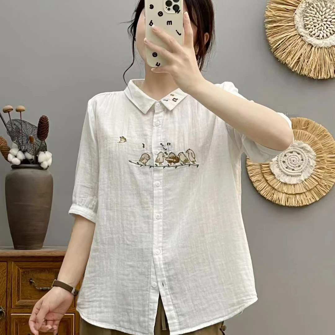 双层棉纱中袖衬衫女夏文艺小清新高级感花朵刺绣纯棉国风复古衬衣