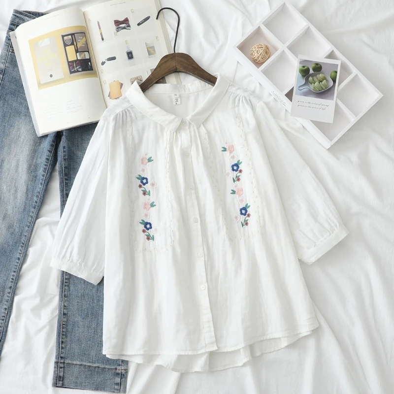 夏季百搭小清新刺绣牵牛花宽松大翻领双层棉纱全棉白衬衫女七分袖