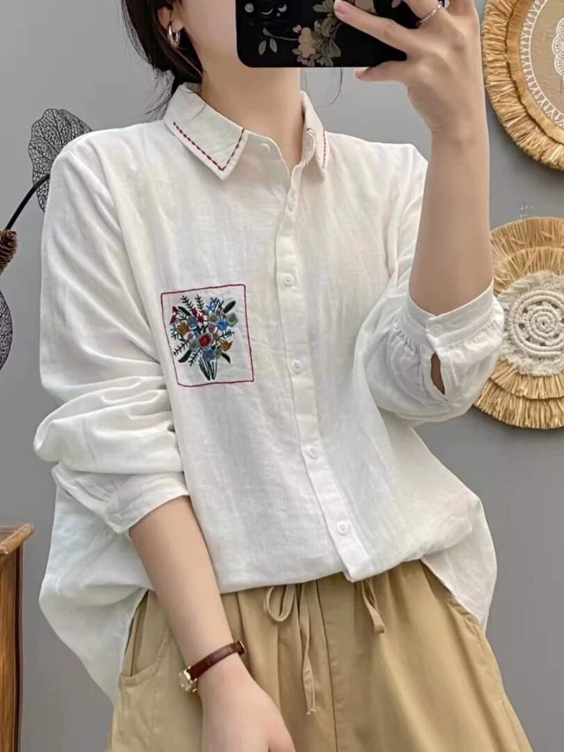 双层棉纱长袖衬衫女宽松2024秋装刺绣花朵婴儿棉柔软百搭文艺衬衣