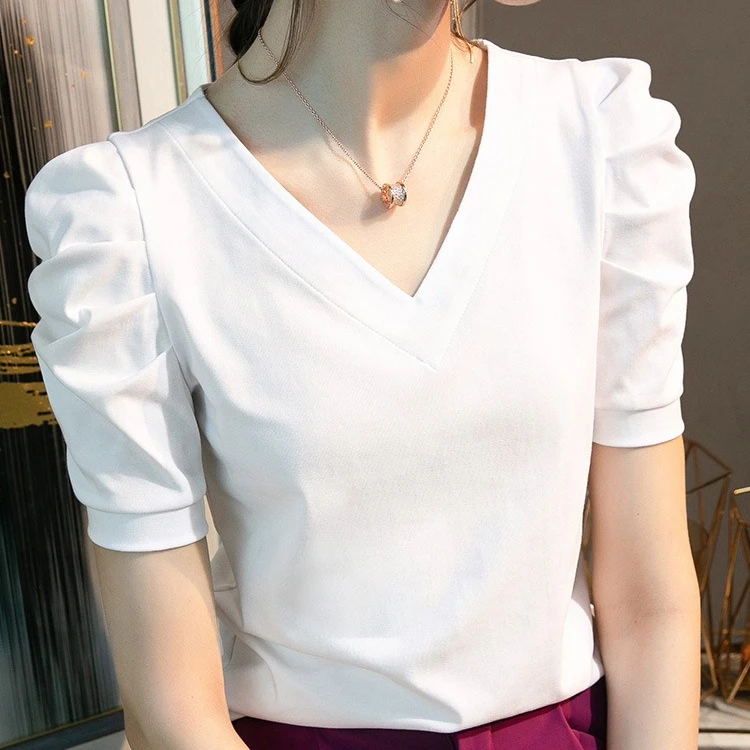 夏季新款T恤2025年韩版洋气显瘦打底衫泡泡袖V领女上衣百搭小衫潮