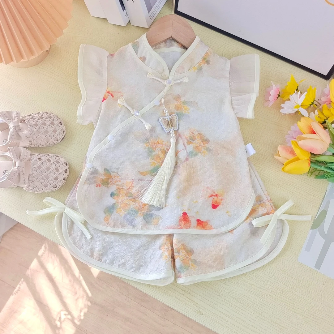 24-X092米色锦鲤短裤套装