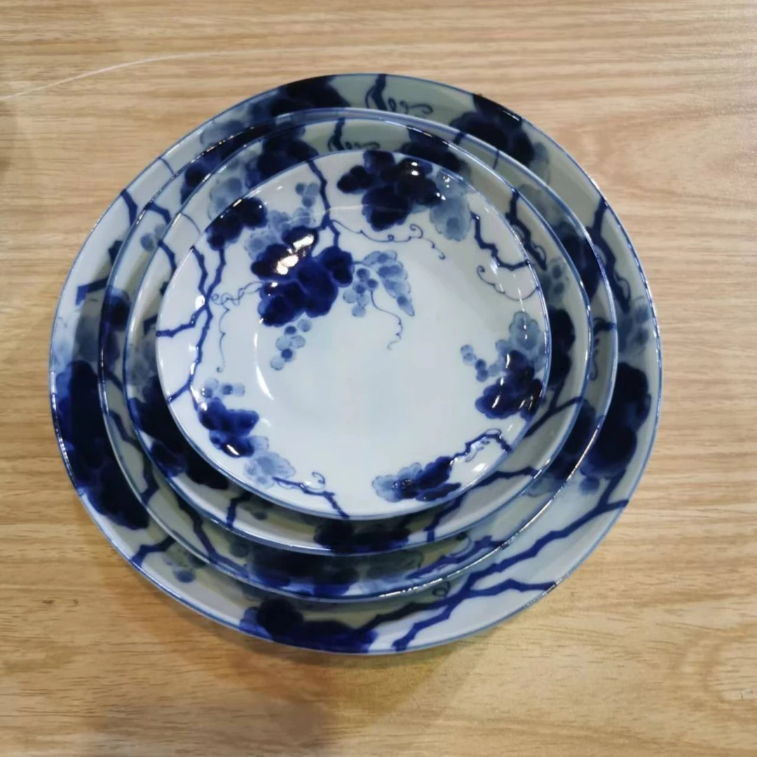 日本进口美浓烧蓝染葡萄碗.盘.钵系列