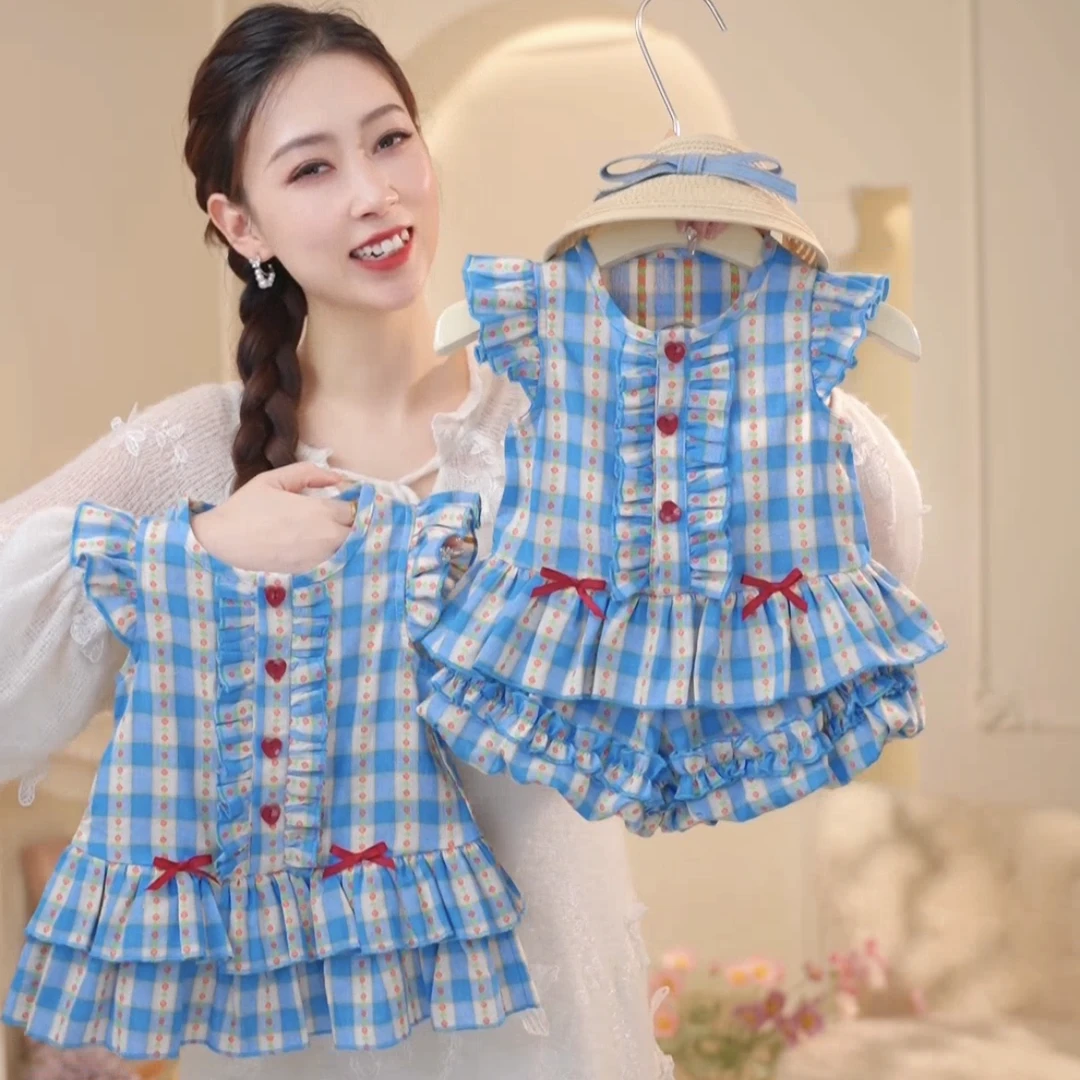 儿童装女童夏季蓝色时尚夏款格子纹上衣+花苞裤小童宝宝套装24539