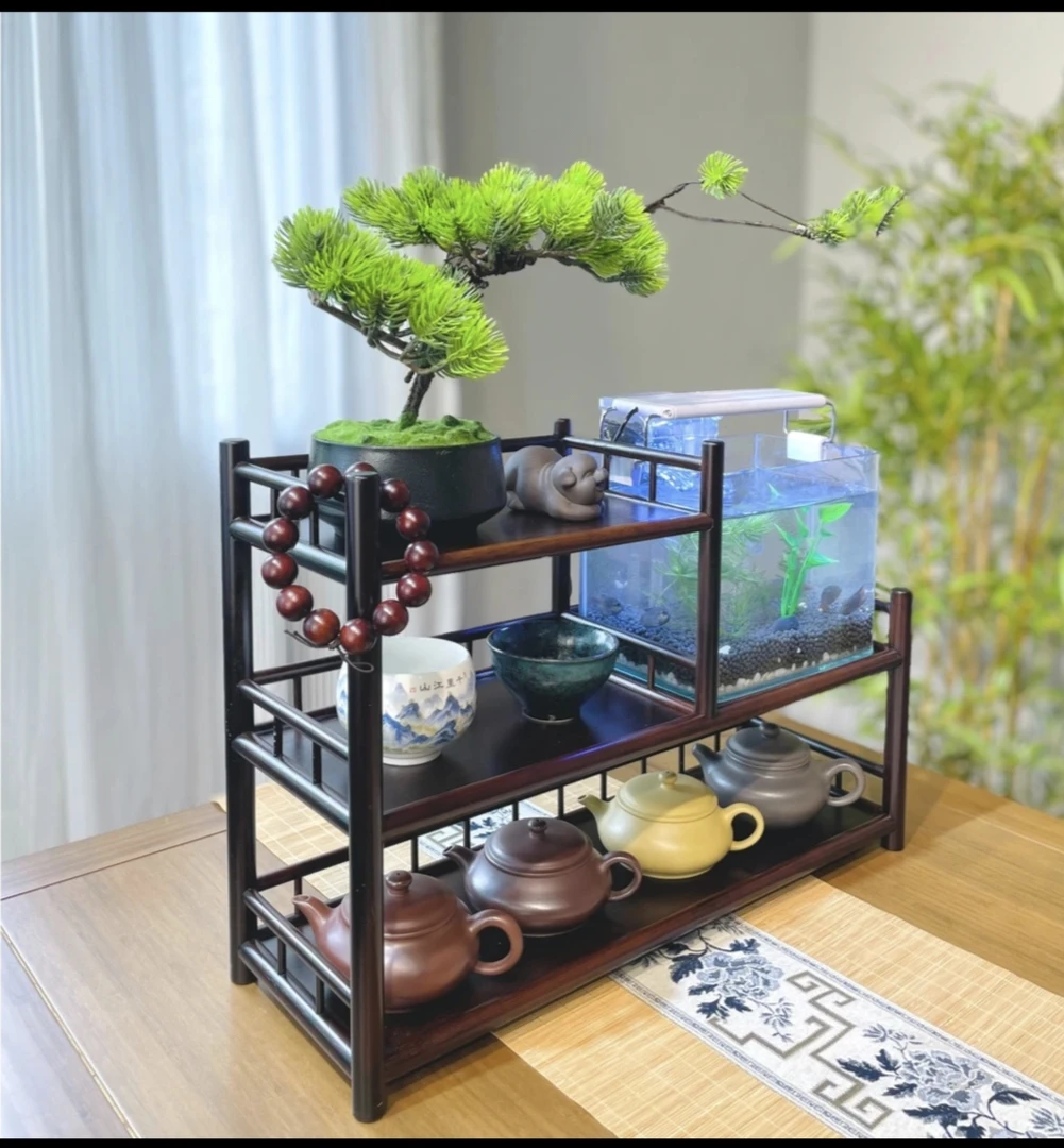 则灵三层茶架带鱼缸楠竹茶具博古架茶壶茶杯架收纳架桌面生态鱼缸