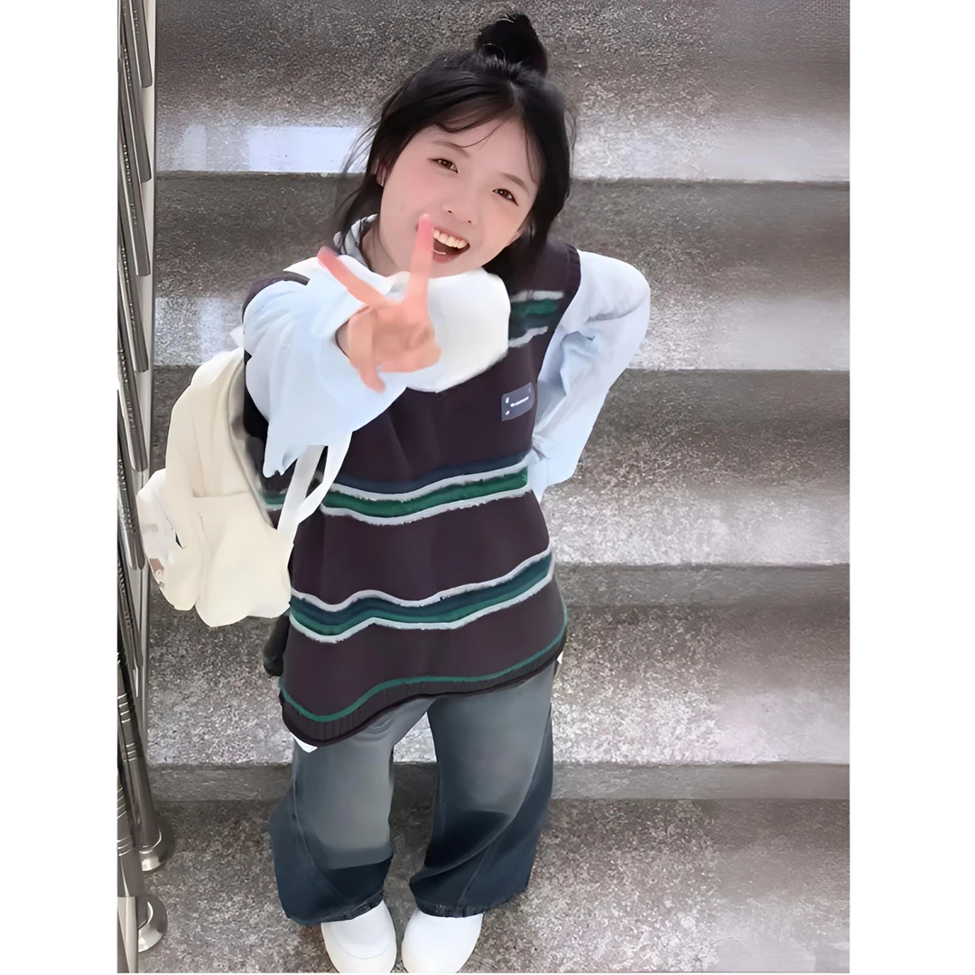 两件套撞色条纹衬衫针织马甲背心秋冬季万能学院风+腈纶女装涤纶