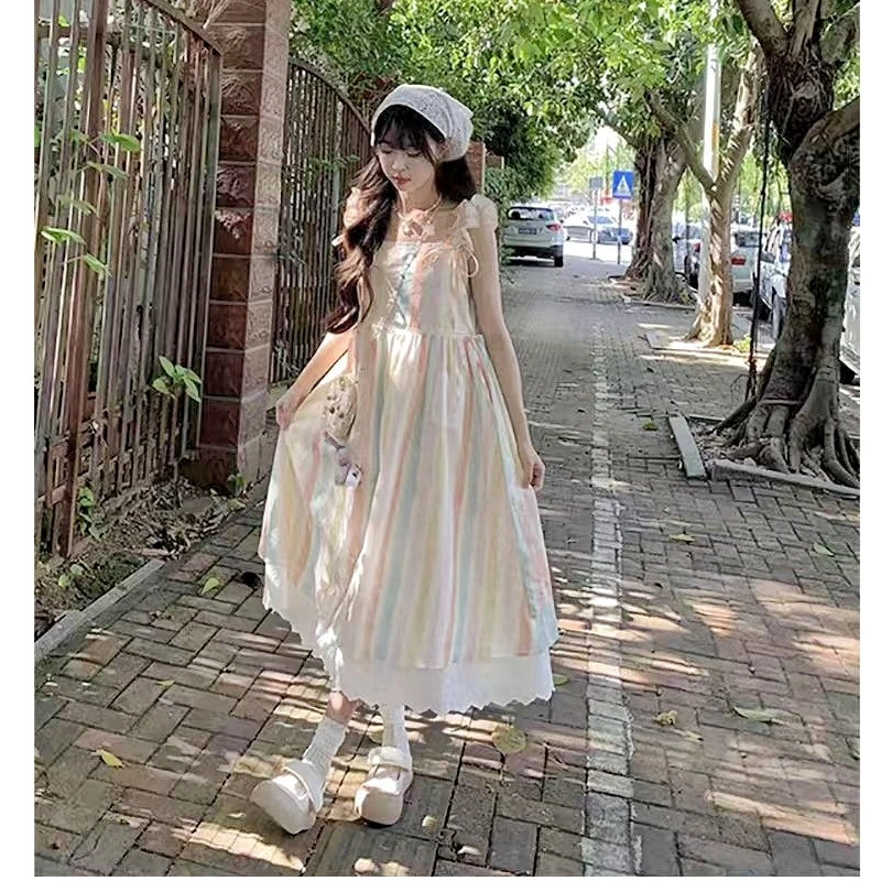 【有运费补贴】潮牌学生吊带多巴胺女长裙子夏日小飞袖新款度假风女
