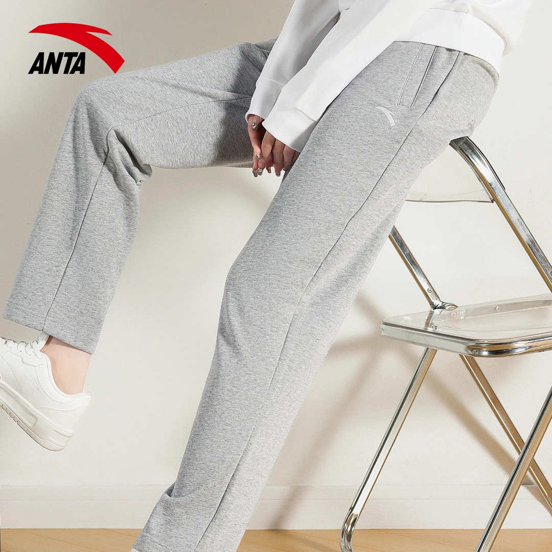 安踏运动裤女夏季薄款新款正品灰色直筒卫裤女款针织棉质宽松长裤