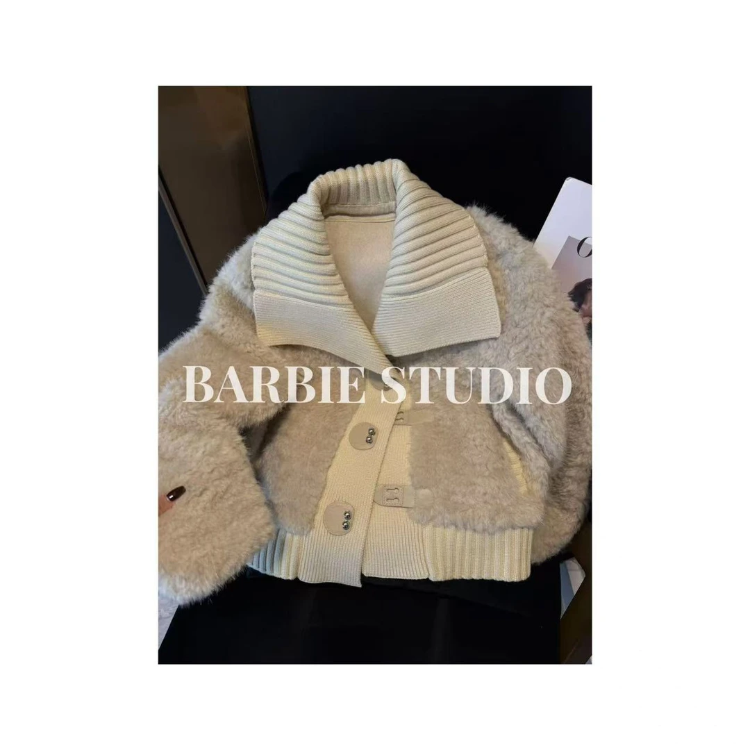 【慧子推荐】秋冬韩版大翻领针织拼接外套皮毛一体75660