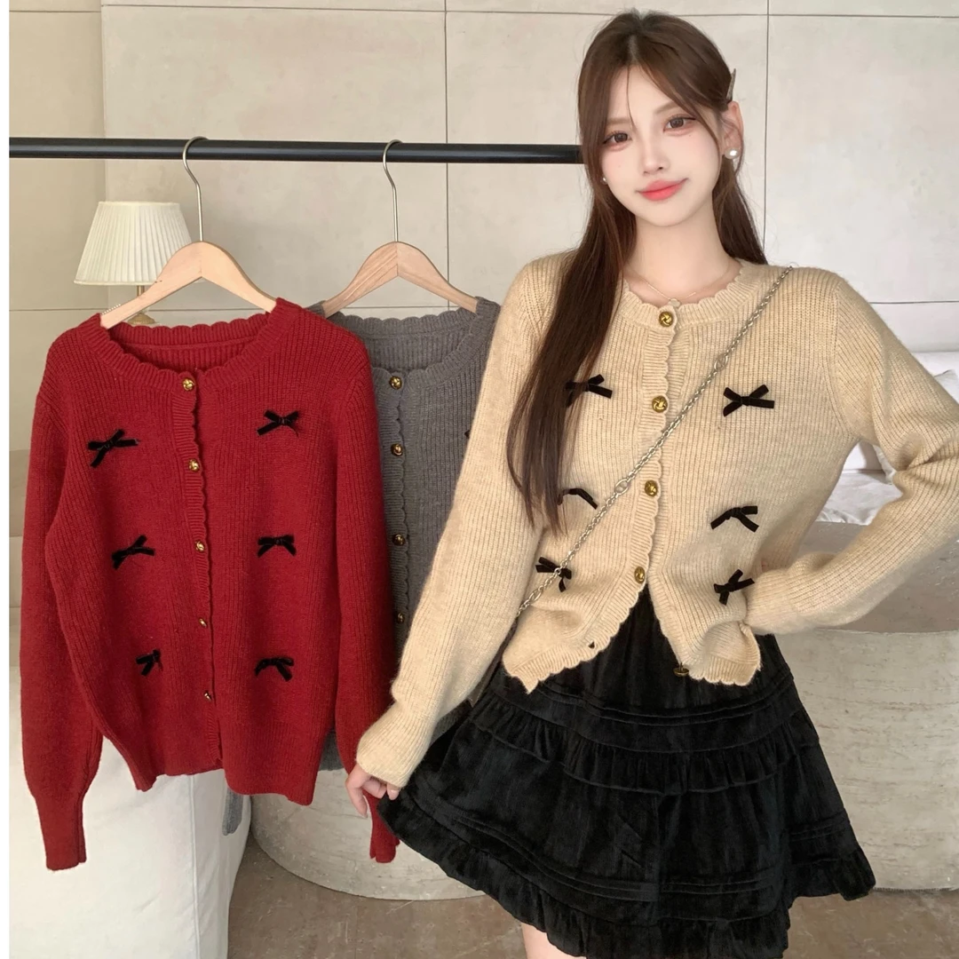 2024大码女装新款秋冬季公主风甜美蝴蝶结保暖毛衣外套3001