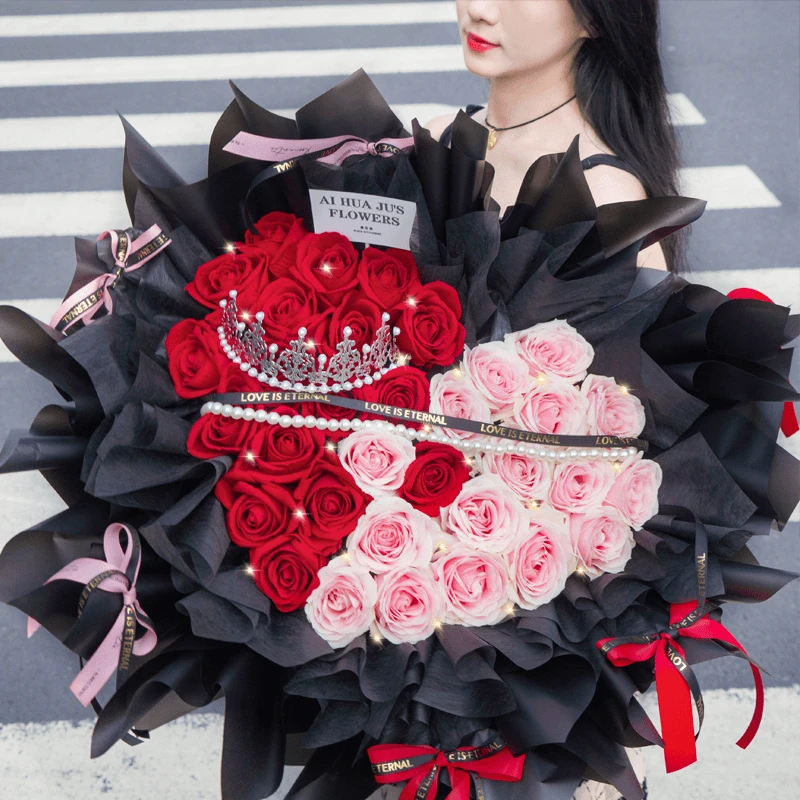 【红粉佳人】双拼玫瑰心形花束鲜花订购同城配送附近花店精选小时达