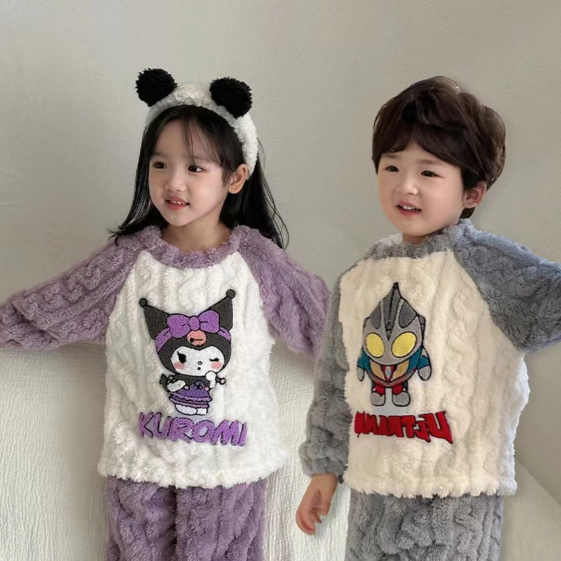 儿童舒棉绒麻花提花家居服宝宝冬睡衣加绒毛绒卡通保暖套头家居服