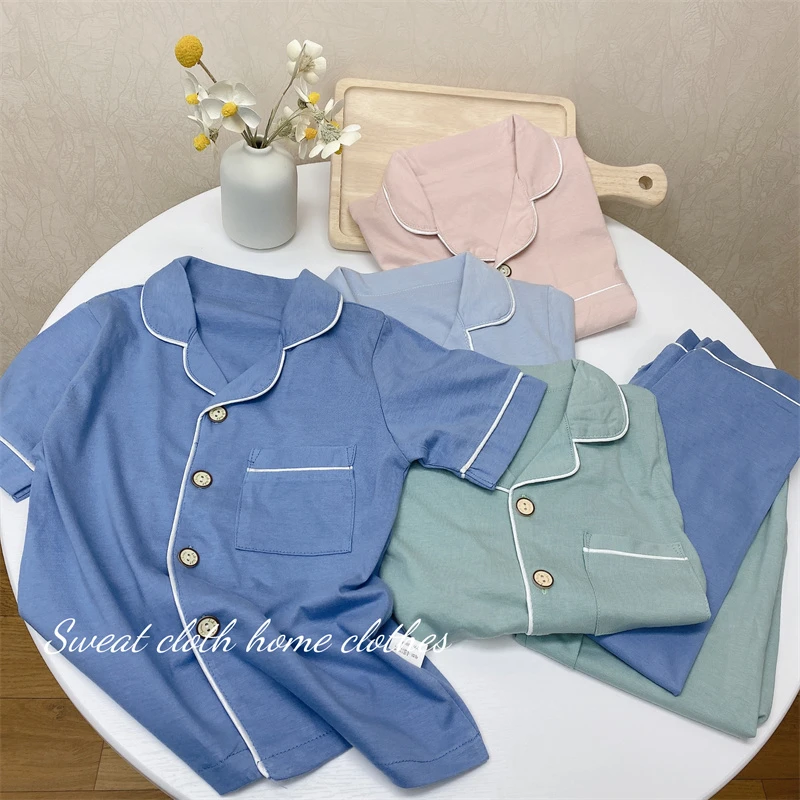 春夏新款儿童翻领短袖短裤家居服男女孩休闲内衣套装舒适时尚