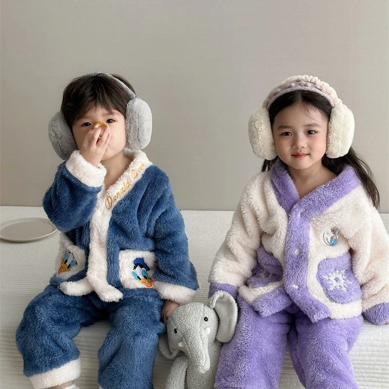 迪士尼法兰绒儿童男童女童冬季加厚珊瑚绒保暖家居服舒适睡衣套装